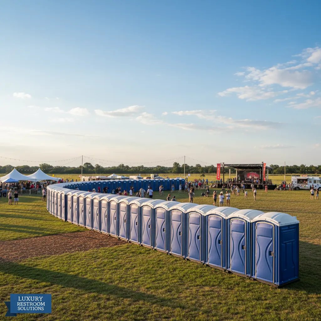 Clean portable restrooms lined up at event